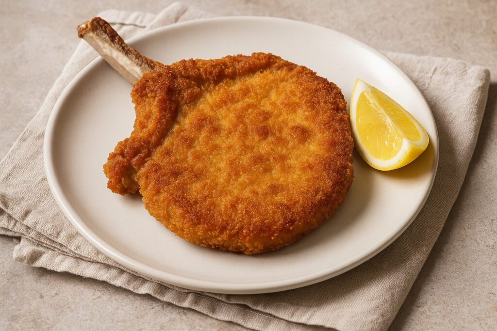 Cotoletta alla milanese intera con osso, panatura dorata e croccante, servita con limone e insalata verde su fondo rustico in legno