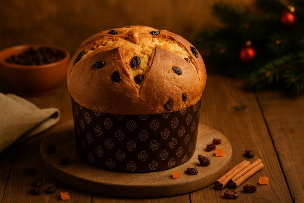 Panettone classico milanese appena sfornato, servito su tavola rustica con frutta candita e uvetta, luce calda natalizia.