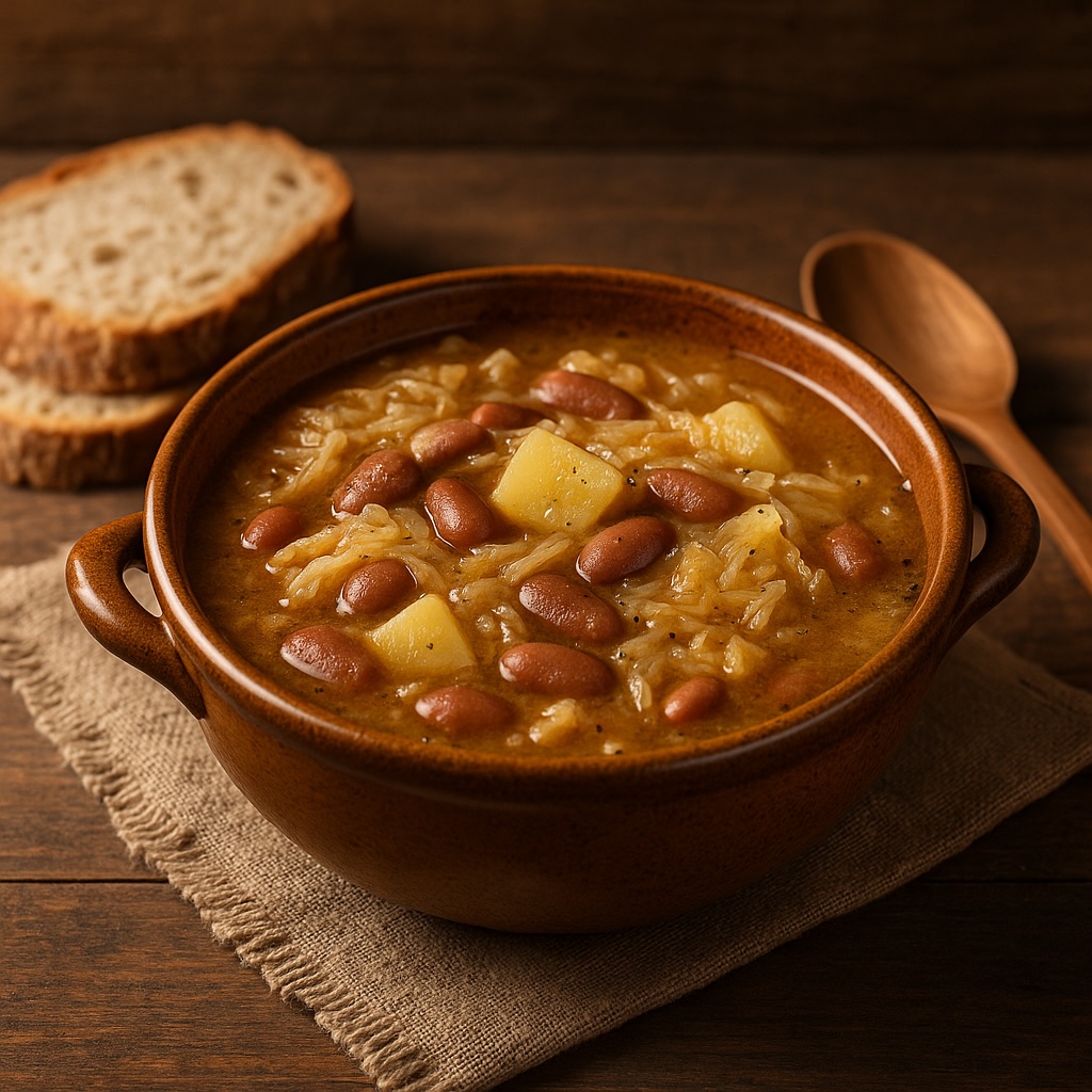 Ciotola di jota triestina fumante con crauti, fagioli e patate, tipica minestra della cucina friulana e triestina