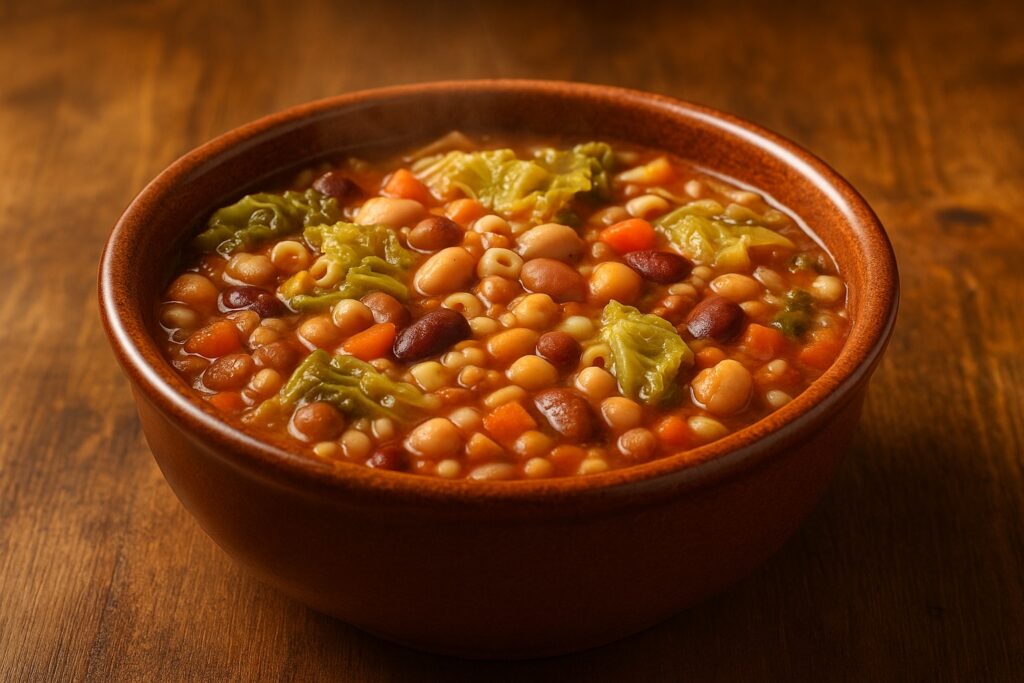 Ciotola rustica di millecosedde calabresi fumanti, zuppa di verdure e legumi tipica della cucina povera