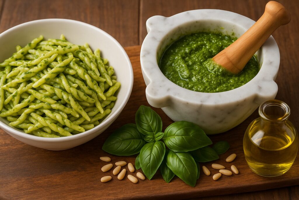 Pesto genovese nel mortaio di marmo con basilico fresco, pinoli e olio extravergine di oliva ligure