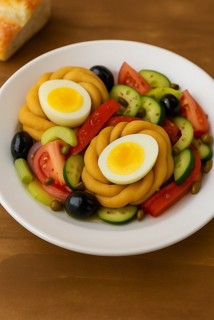 Composta molisana servita su piatto rustico con taralli intrecciati, uova sode, pomodori, peperoni arrostiti e verdure condite