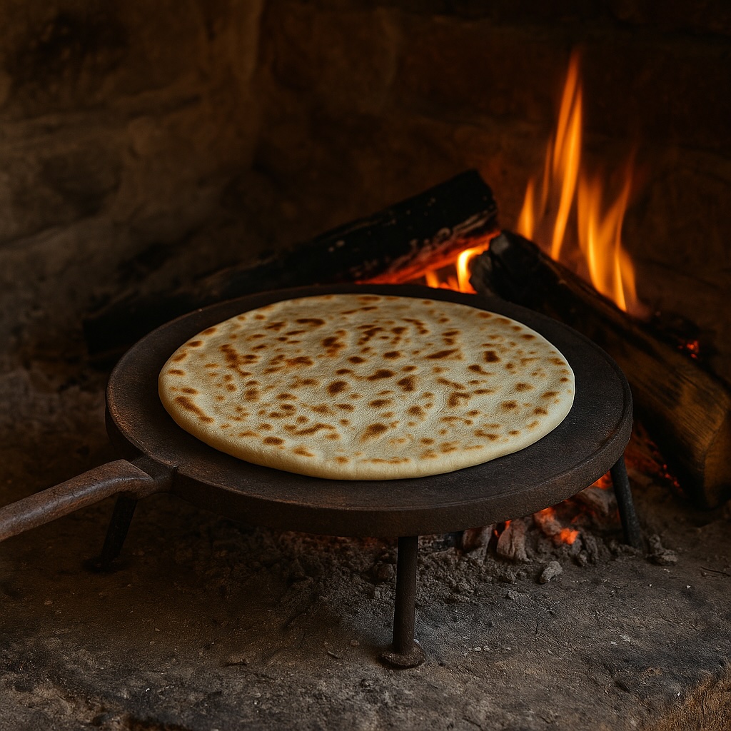 Crescia di Gubbio che cuoce sul testo tradizionale davanti al fuoco, tipica focaccia della cucina umbra.