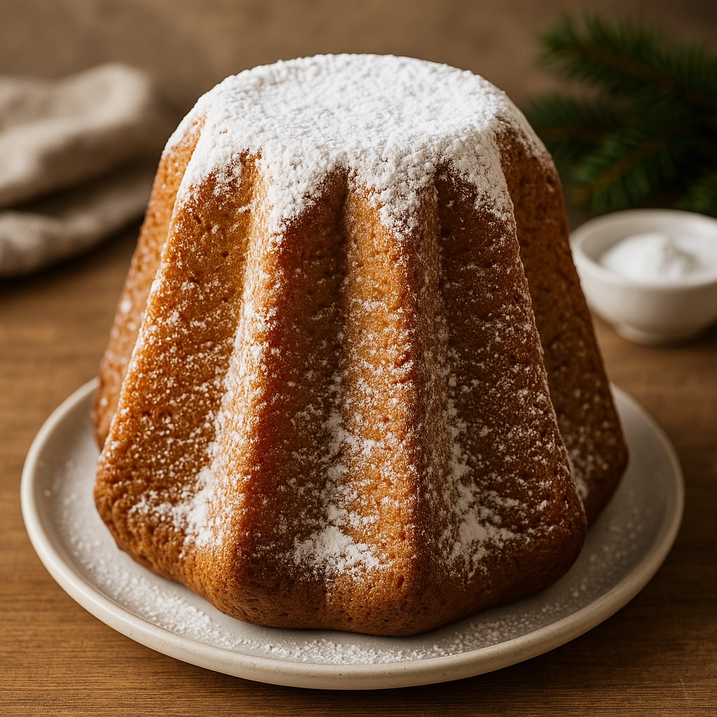 Pandoro veronese tradizionale, dolce tipico della cucina veneta, soffice e spolverato di zucchero a velo, simbolo dei dolci di Natale italiani.