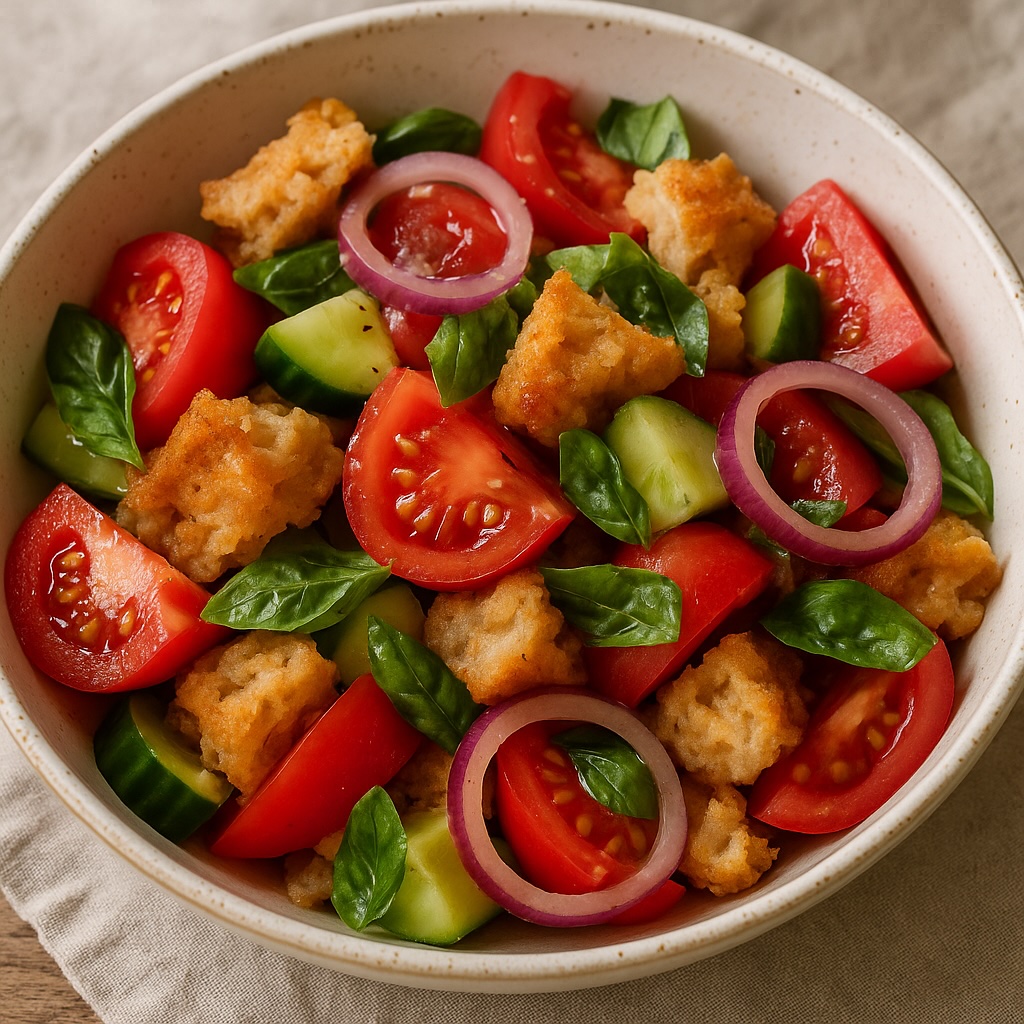 Panzanella toscana con pane raffermo ammollato, pomodori, cipolla rossa, basilico e olio extravergine d’oliva.
