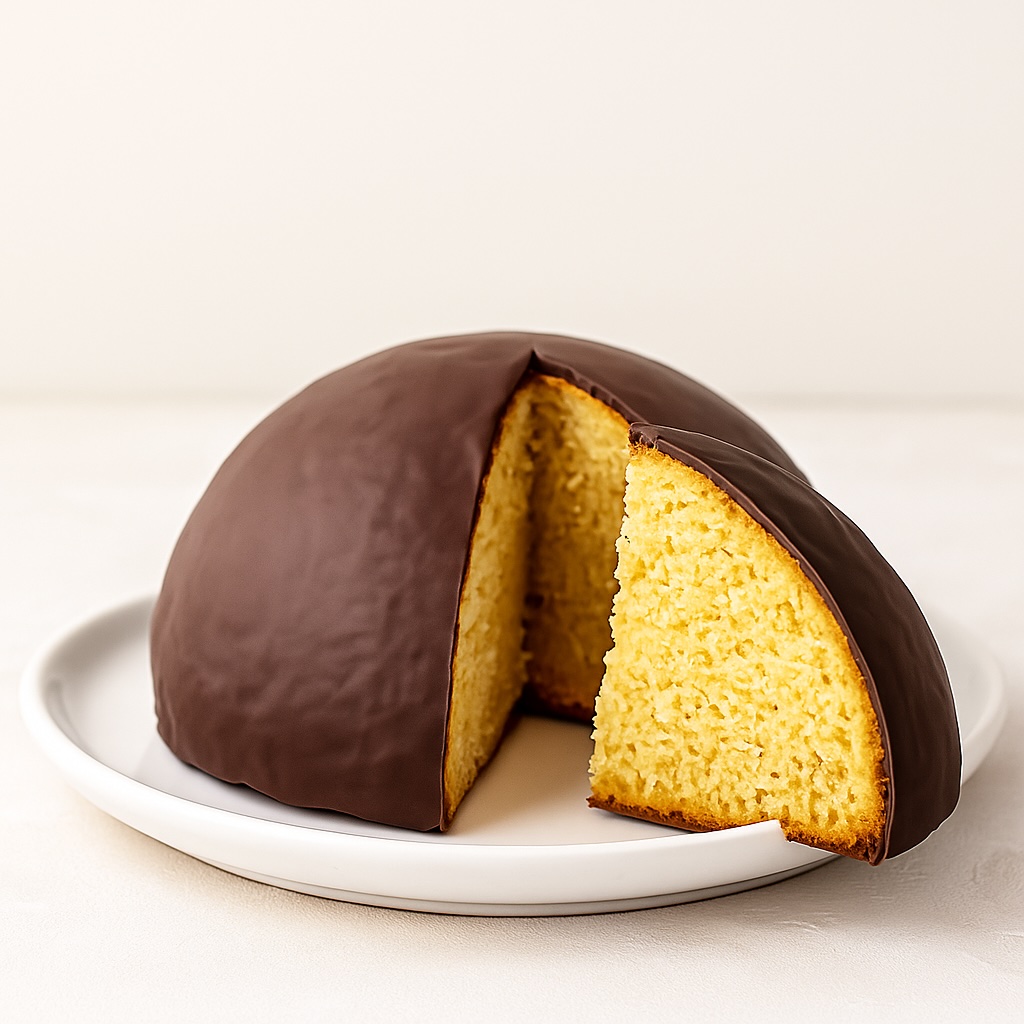 Parrozzo abruzzese intero glassato al cioccolato con una fetta tagliata, servito su piatto chiaro, dolce tipico della cucina abruzzese.