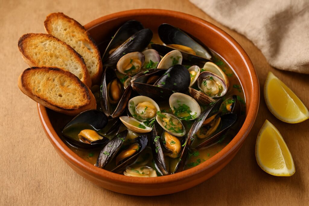 Peoci e peverasse, antipasto tipico della cucina veneta con cozze e vongole servite in coccio con prezzemolo, vino bianco e fette di pane tostato.