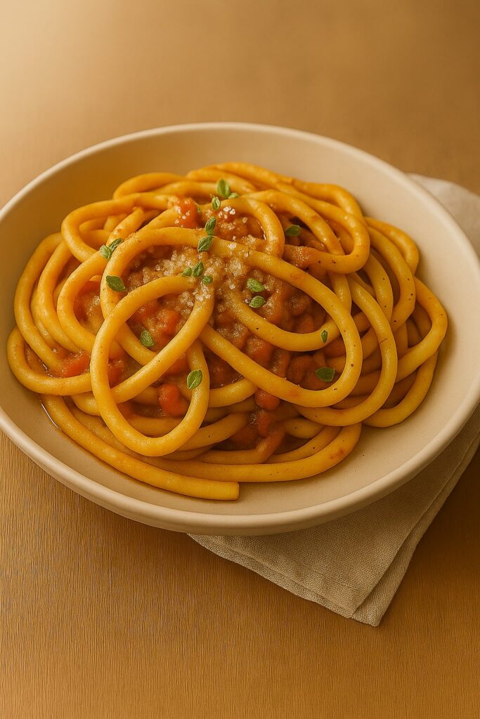 Piatto di umbricelli al rancetto serviti in una ciotola di ceramica, con sugo di pomodoro, pancetta e maggiorana fresca, tipico della cucina umbra