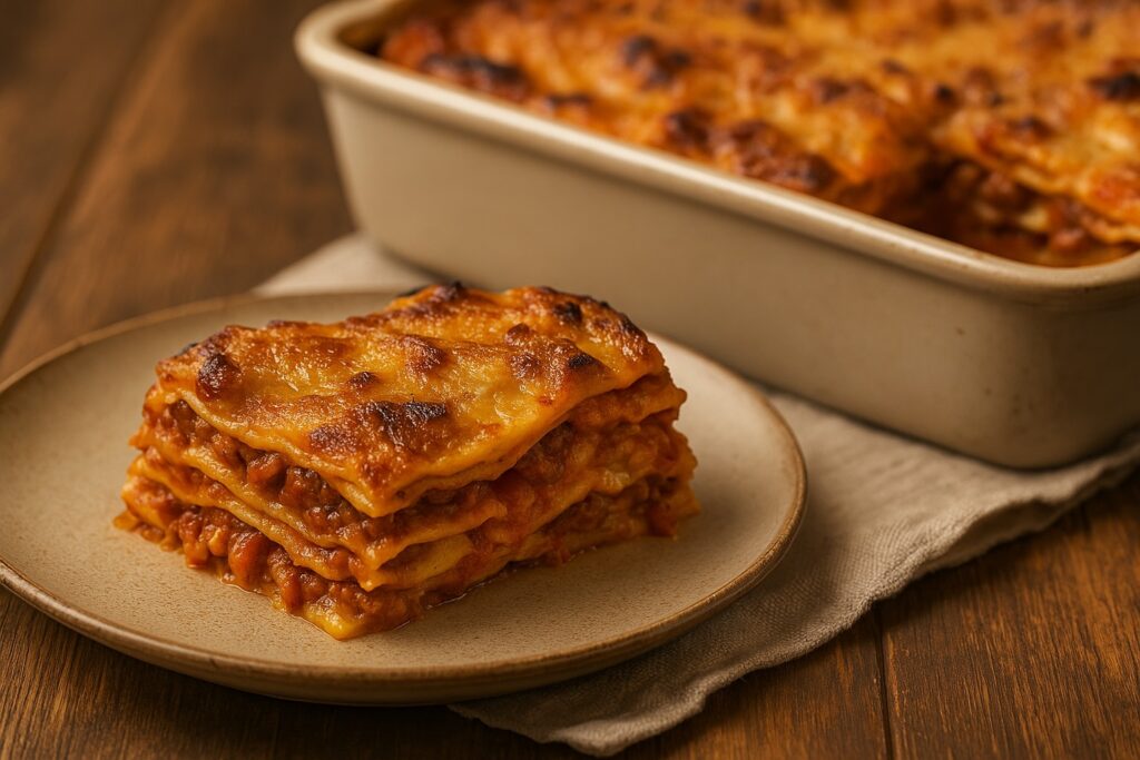 Vincisgrassi marchigiano porzione di pasta al forno con sfoglie all’uovo, ragù di carni miste e besciamella, servita su piatto rustico.