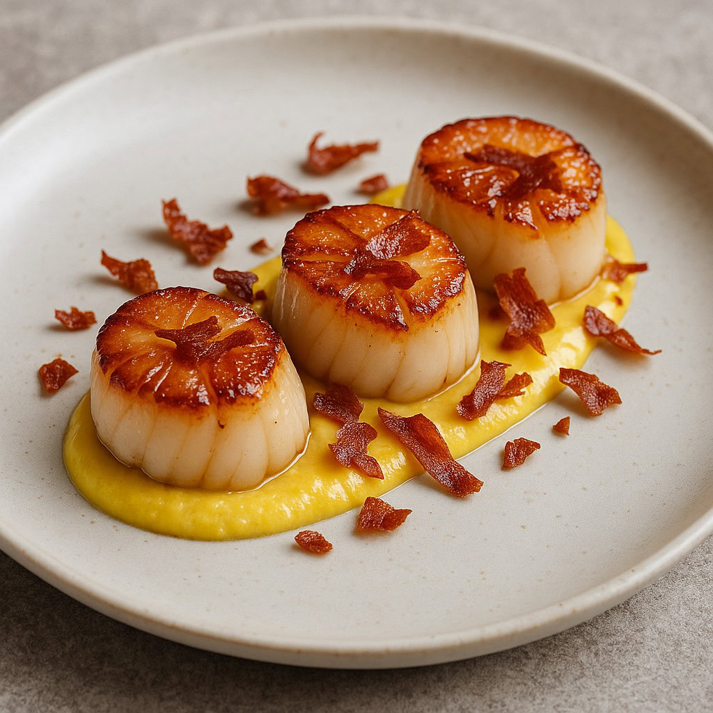 Capesante arrostite su crema di mais e speck croccante – antipasto gourmet dello chef del blog Ricette Gourmet