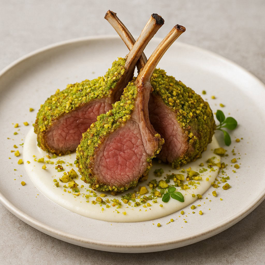 Carré di agnello rosato con crosta di pistacchi servito su salsa allo yogurt e lime, con granella di pistacchio e germogli freschi