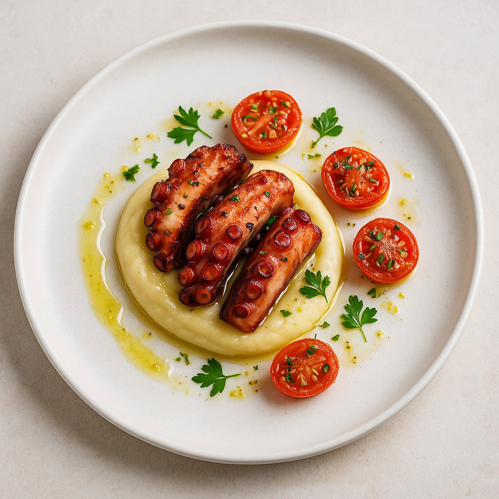 Polpo grigliato su crema di patate con pomodorini ciliegia e erbe aromatiche, ricetta gourmet di pesce.