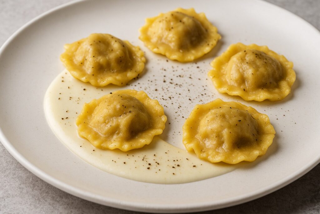 Ravioli ripieni di genovese napoletana serviti su crema di pecorino e pepe nero