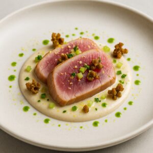 Tonno scottato servito su maionese di vitello arrosto, con capperi fritti, sedano in brunoise, zeste di limone e olio al prezzemolo