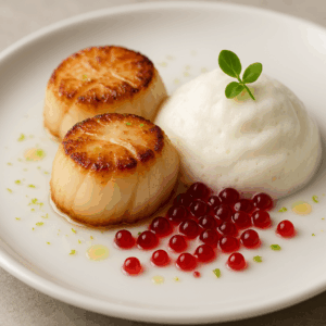 Capesante scottate con crosticina dorata, servite con spuma di burrata e perle di aceto di lampone