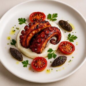 Polpo in CBT con cremoso di burrata, pomodorini infornati e tapenade preparato dallo chef di Ricette Gourmet