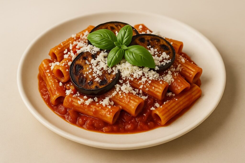Pasta alla Norma con melanzane fritte, salsa di pomodoro, basilico fresco e abbondante ricotta salata grattugiata, piatto tipico della cucina siciliana.