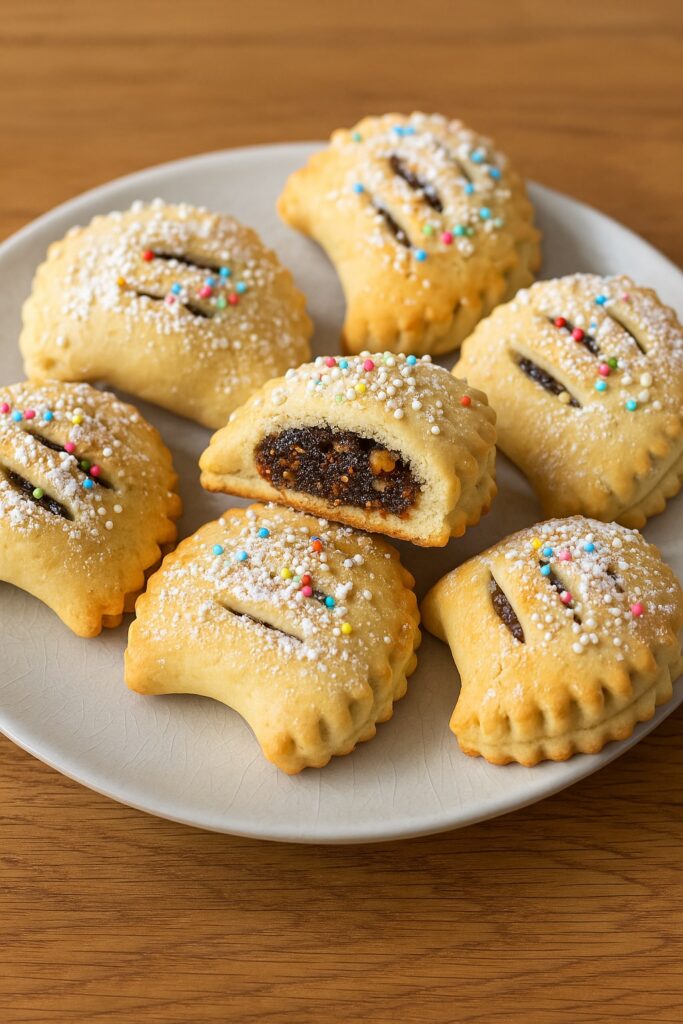 Buccellati siciliani su piatto chiaro, ripieni di fichi e frutta secca, decorati con zucchero a velo e diavoletti colorati.