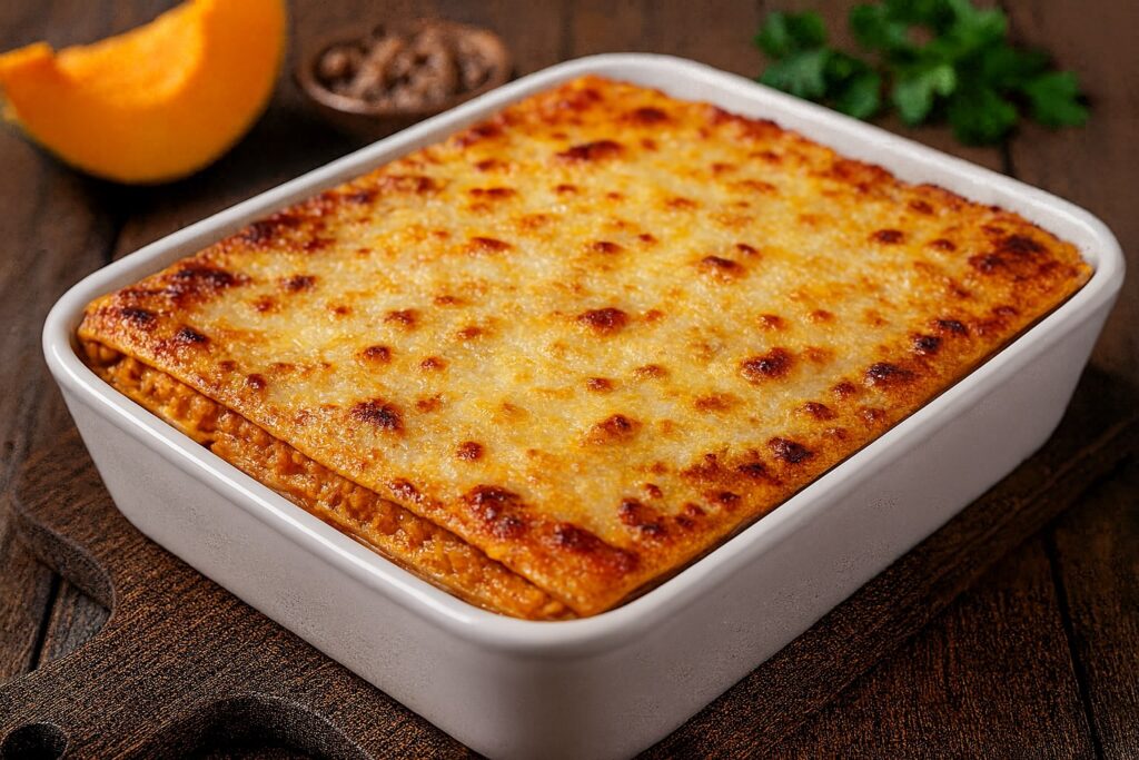 Lasagne zucca e salsiccia in pirofila bianca con superficie dorata e gratinata.