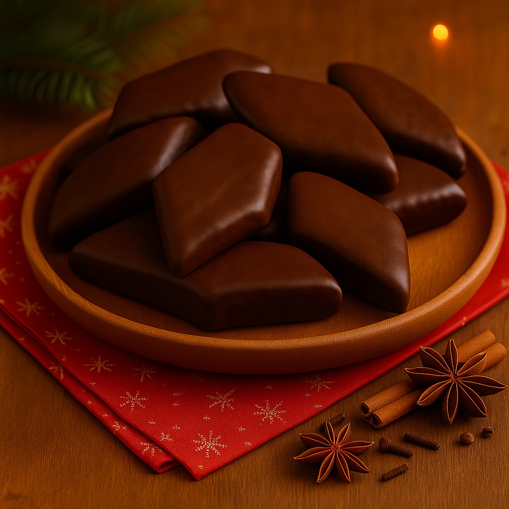 Mostaccioli napoletani al cioccolato su vassoio rustico, con luce calda e decorazioni natalizie, tipico dolce di Natale del Sud Italia.