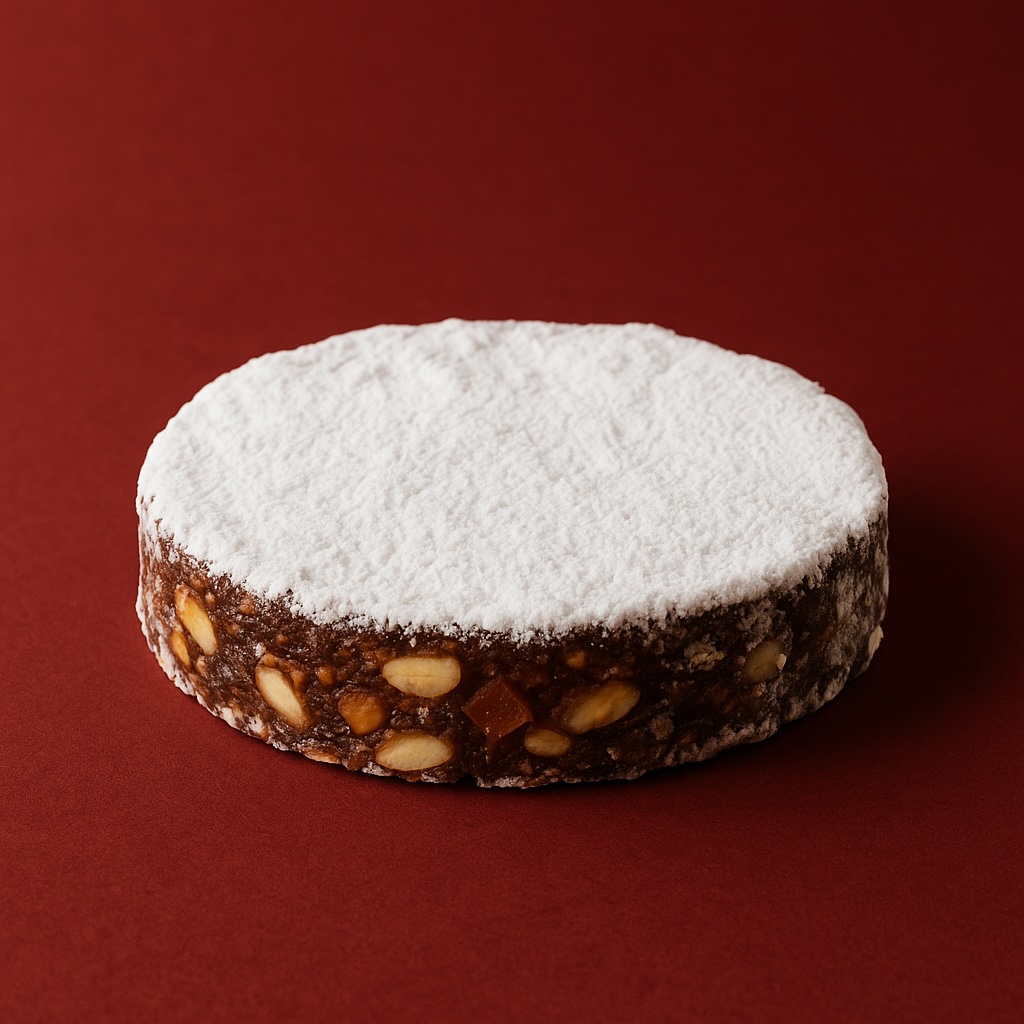 Panforte senese tradizionale con zucchero a velo, ricco di mandorle e canditi.