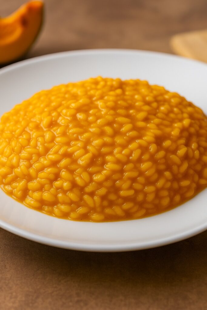 Risotto con la zucca cremoso su piatto bianco, senza formaggio, ricetta autunnale italiana