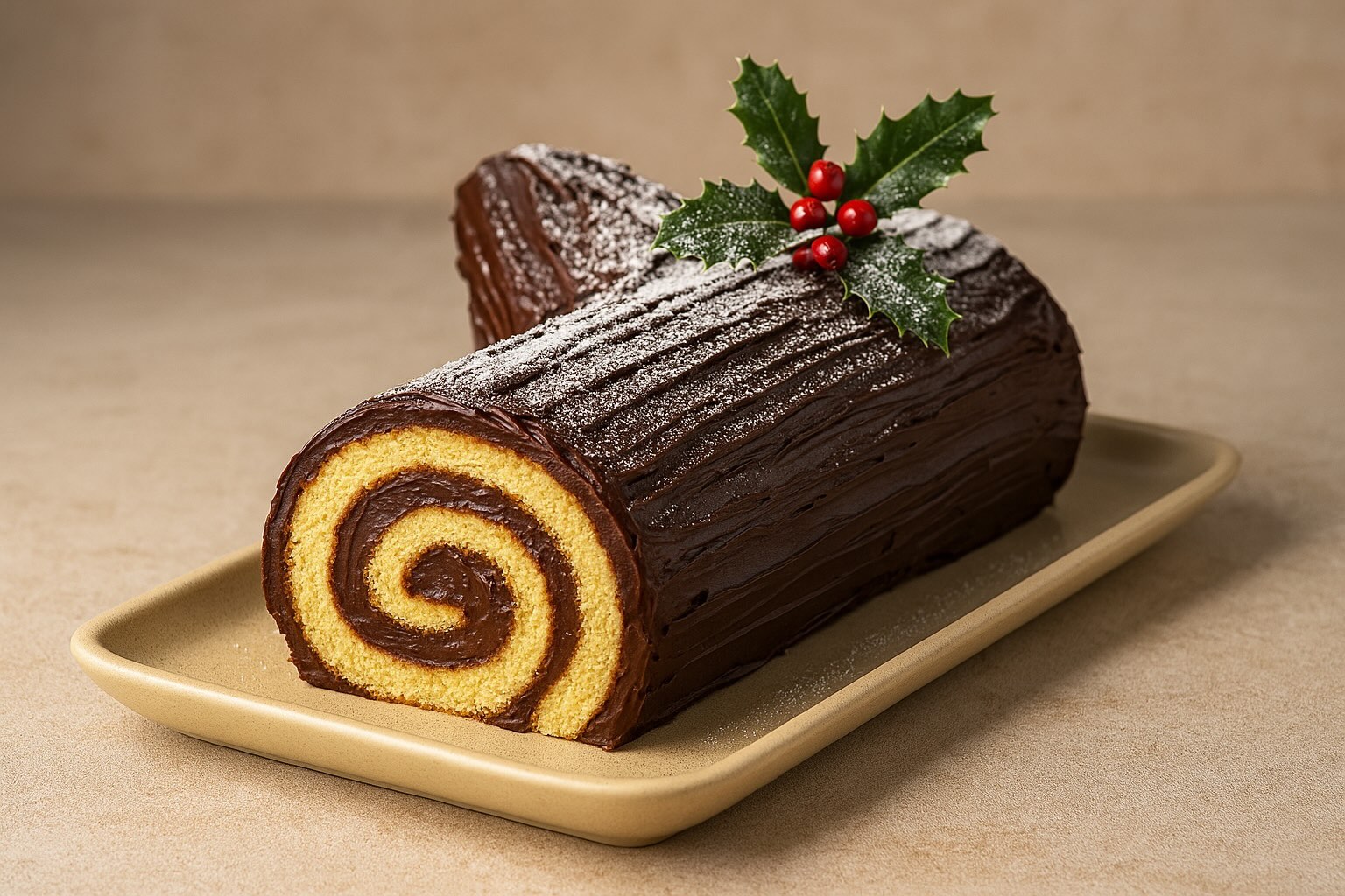 Tronchetto di Natale classico ricoperto di ganache al cioccolato con decorazioni natalizie.