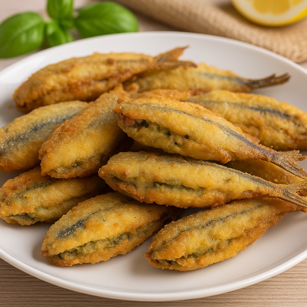 Acciughe ripiene alla ligure (Anciöe pinn-e) servite con ripieno di erbette, aglio e olio extravergine