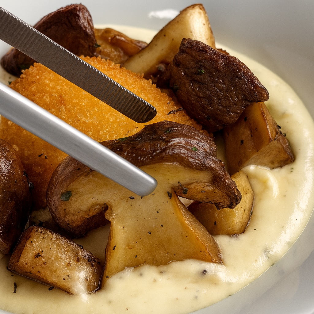 Tuorlo croccante su fonduta di Parmigiano con porcini scottati intorno