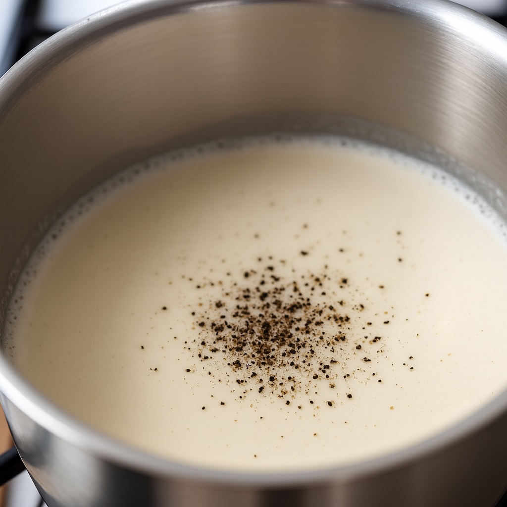 Panna calda aromatizzata con pepe nero per la preparazione della fonduta di Parmigiano.