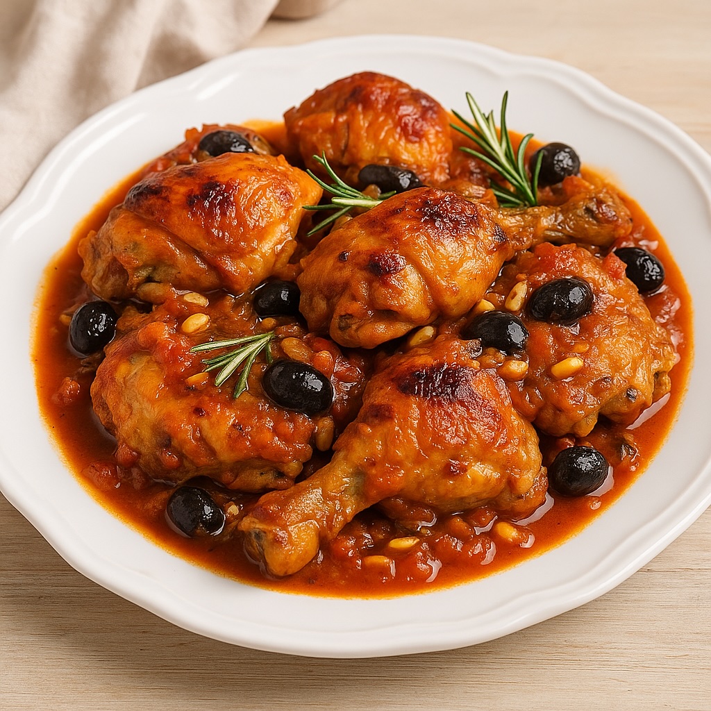 Pollo alla Garibaldi ligure servito con salsa al pomodoro e olive, ricetta tradizionale della cucina ligure.