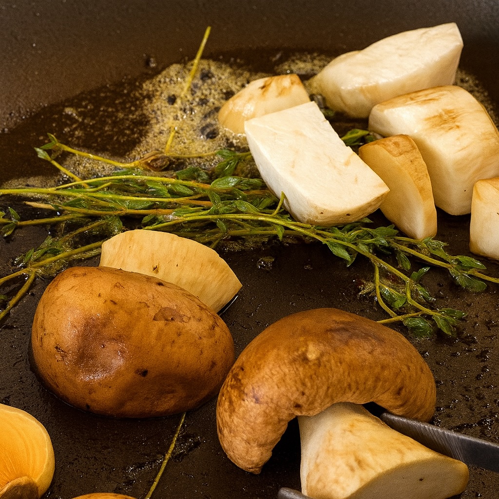 Porcini freschi rosolati in padella con burro, timo e aglio, preparazione per tuorlo croccante e fonduta di Parmigiano.