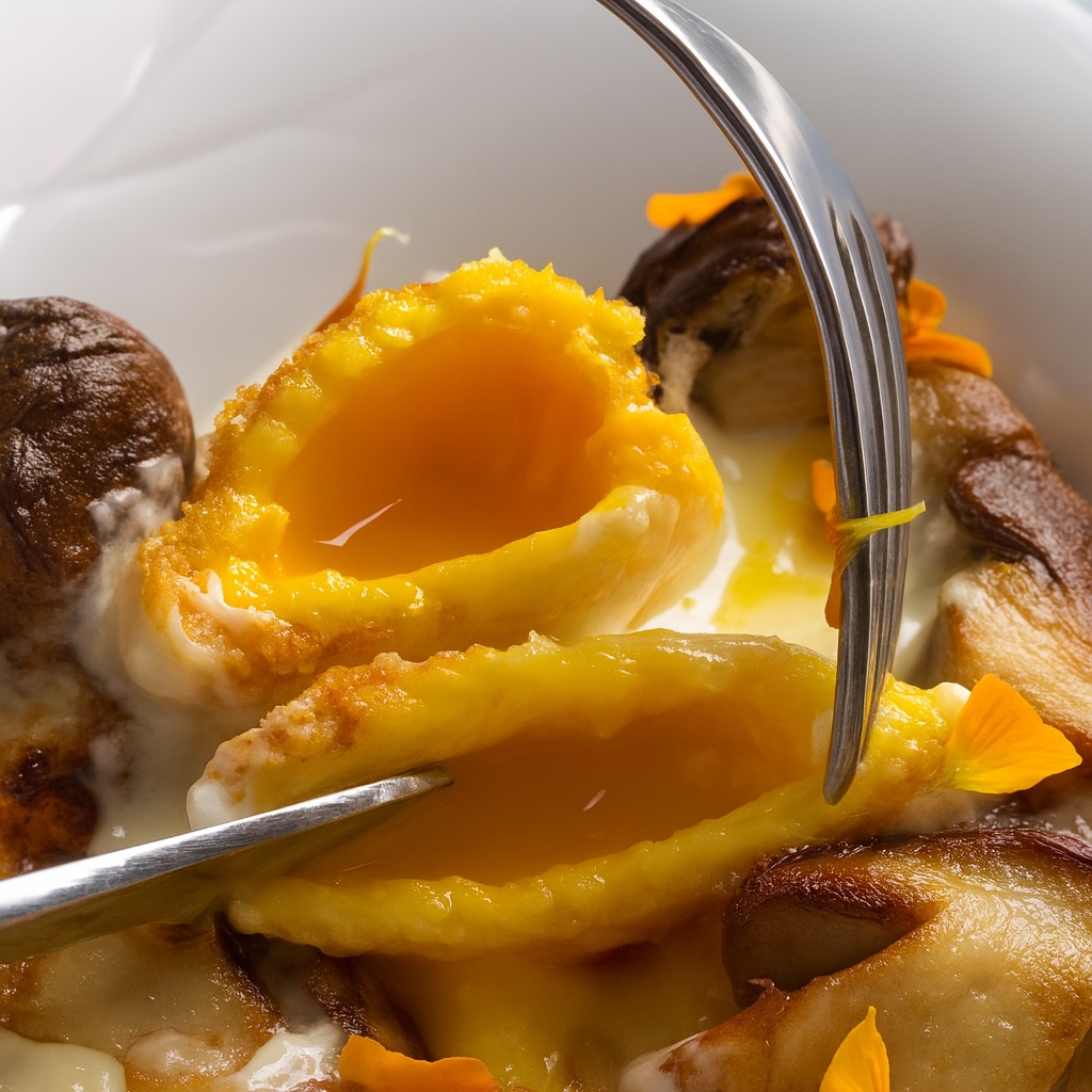 Taglio del tuorlo croccante con cuore morbido che cola