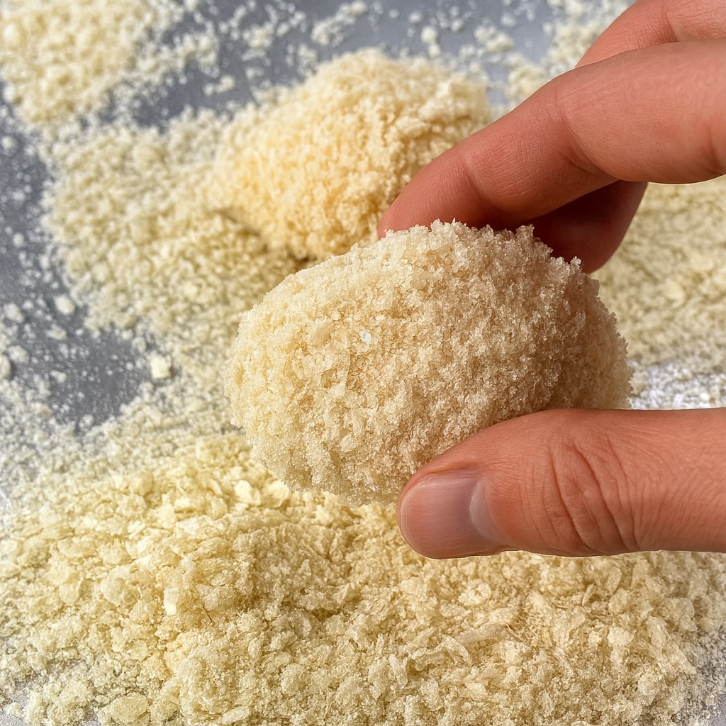 Tuorlo impanato completamente nel panko, pronto per il riposo in frigorifero.