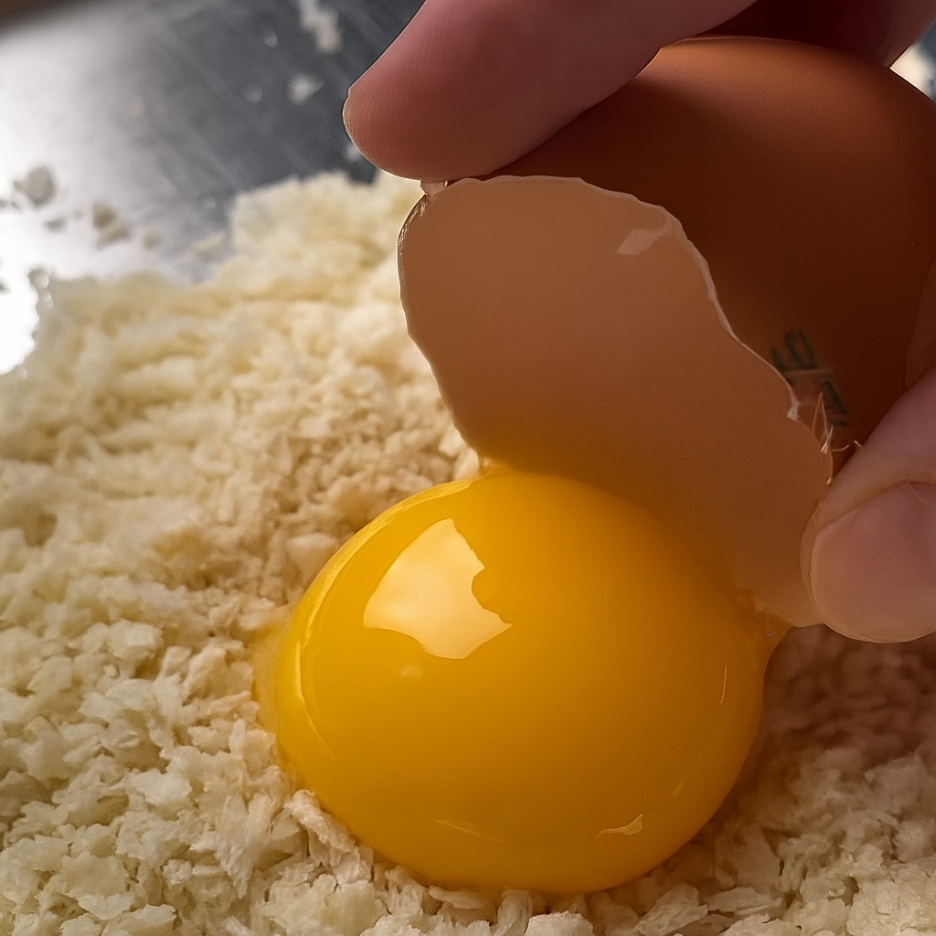 Tuorlo d’uovo freschissimo adagiato sul panko per la preparazione del tuorlo croccante.