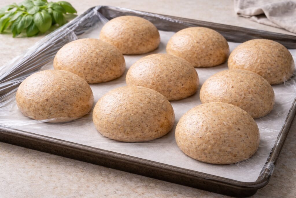 Panetti di bun integrale vegano in seconda lievitazione su teglia con carta forno, pronti per la cottura