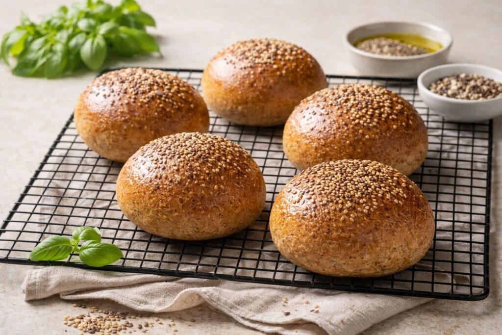 Bun integrale vegano appena sfornato, dorato e lucido, con semi in superficie, perfetto per hamburger gourmet vegetali e di pesce.