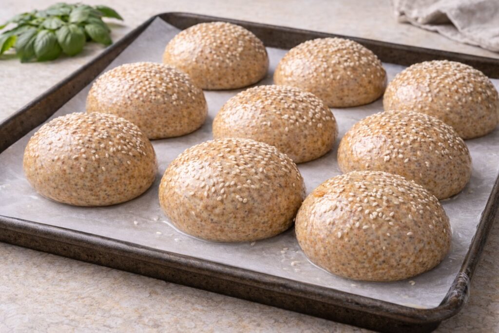 Panetti di bun integrale vegano con semi di sesamo disposti su teglia prima della cottura