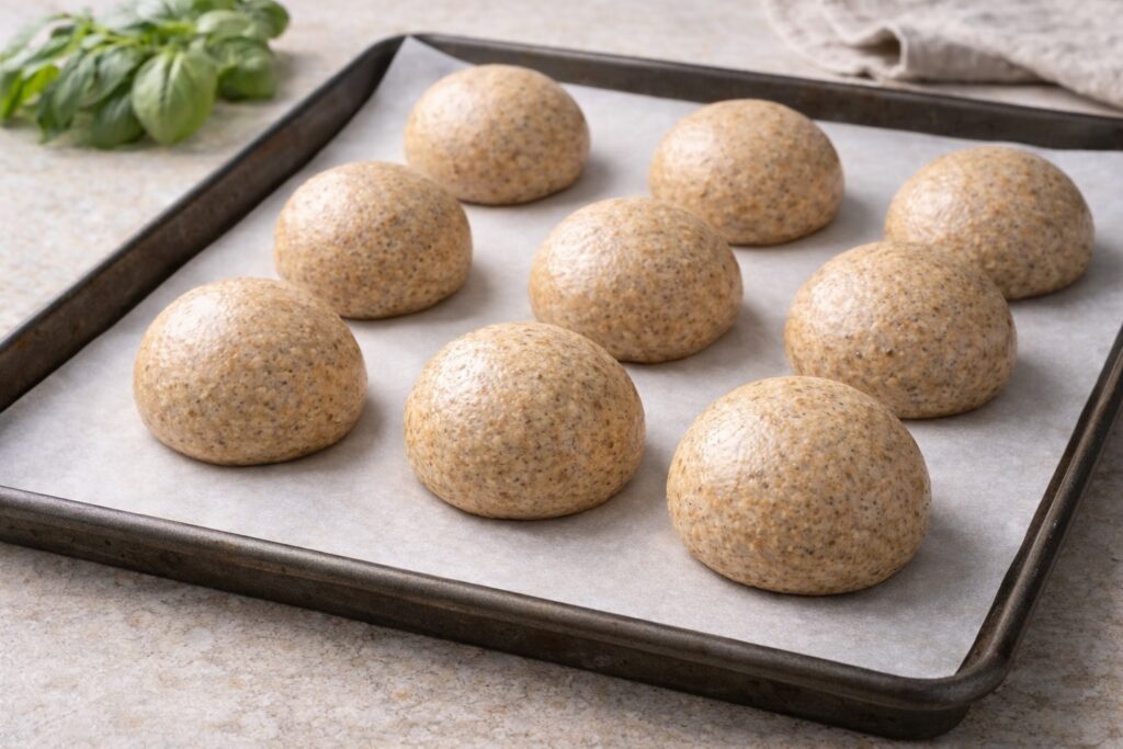 Panetti di bun integrale vegano ben chiusi e regolari, pronti per la lievitazione finale
