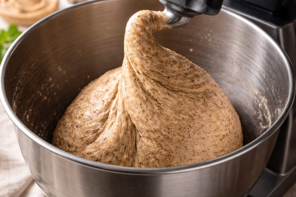 Impasto integrale vegano ben incordato sul gancio, pronto per la lievitazione