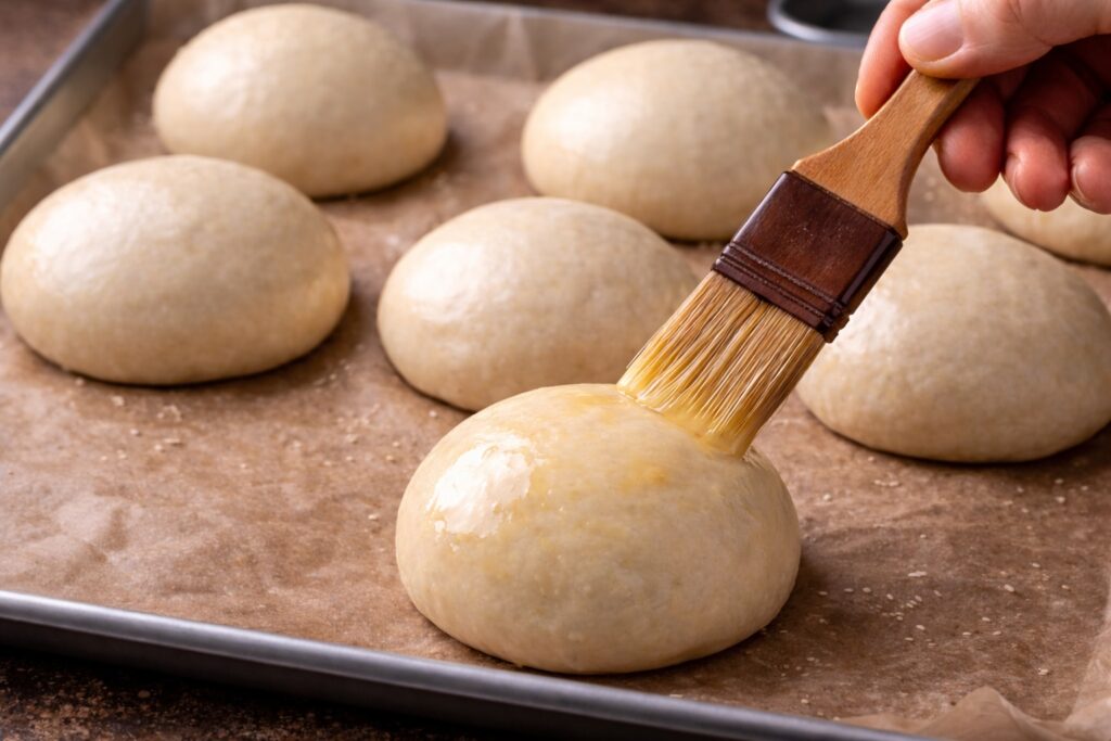 Spennellatura del bun per hamburger con uovo prima della cottura