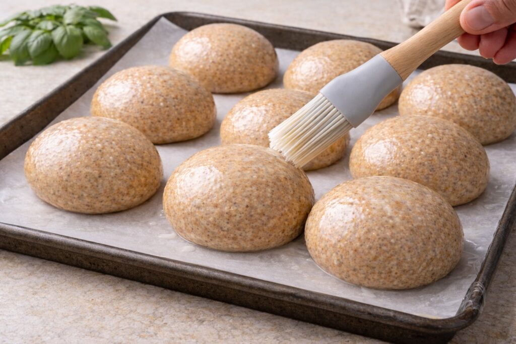 Bun integrali vegani spennellati con latte vegetale su teglia, pronti per la cottura