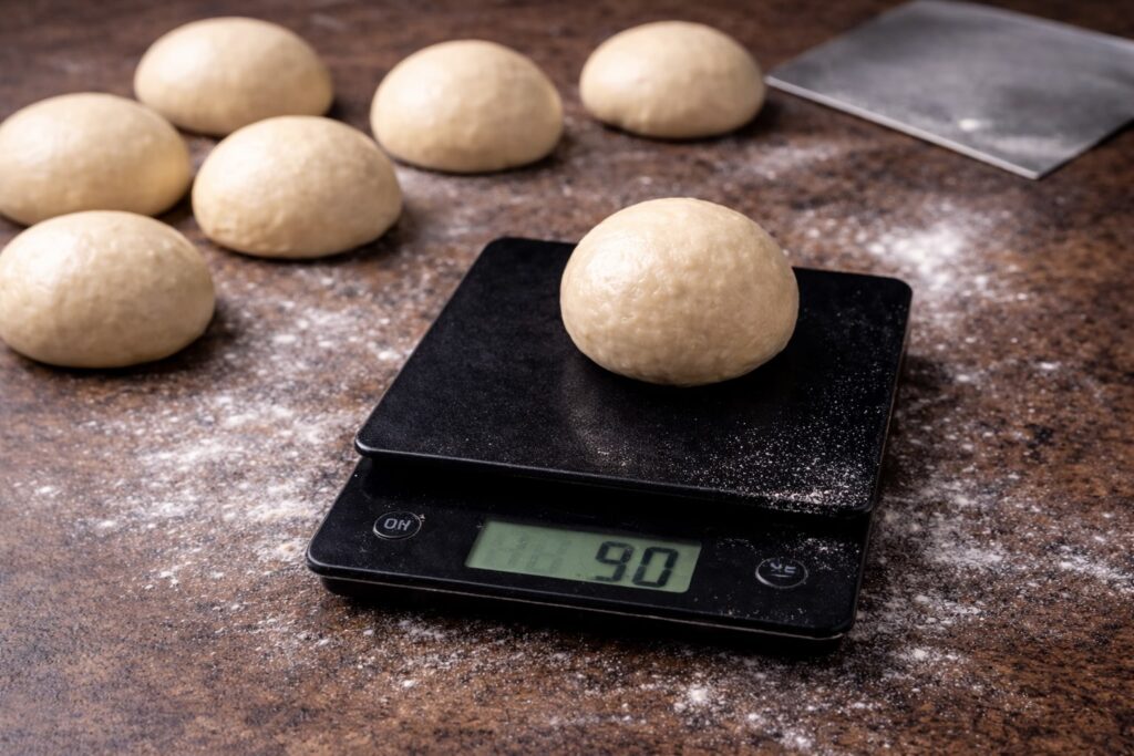 Staglio e pesatura dell’impasto per bun da hamburger da 90 grammi con preforma a pallina