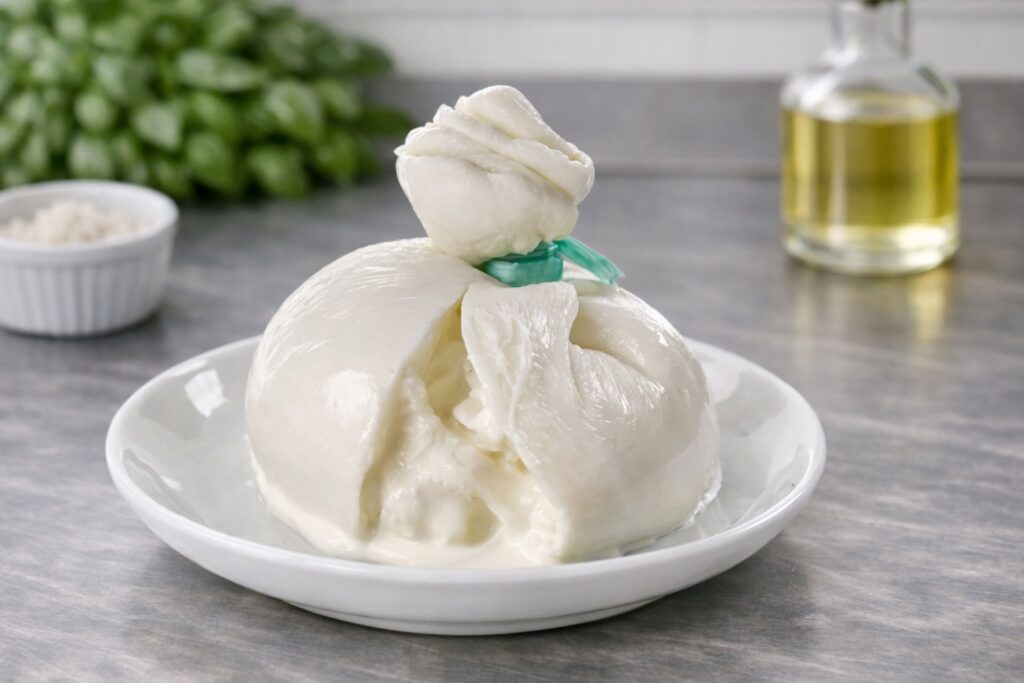 Burrata di Andria IGP fresca su piatto bianco cremosa all’interno