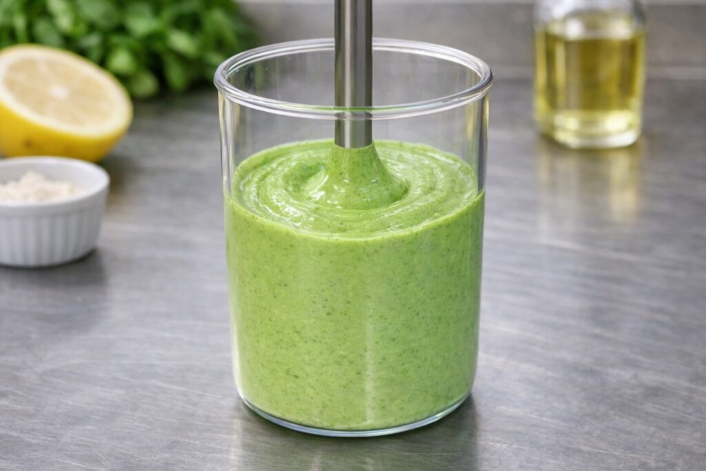 Maionese al basilico montata nel bicchiere del minipimer, liscia e cremosa, pronta per hamburger gourmet