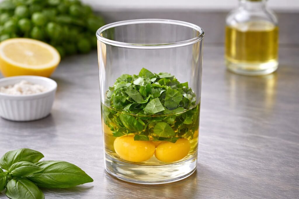 Ingredienti per la maionese al basilico nel bicchiere del minipimer con tuorli, olio di semi e basilico fresco