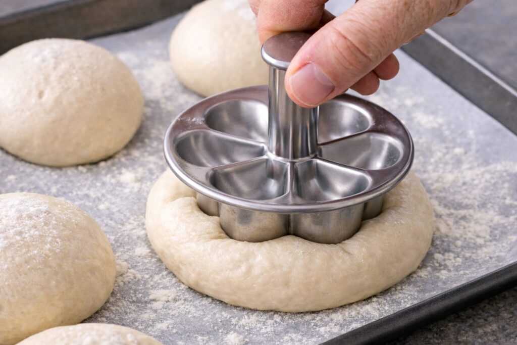 Stampo per rosette che schiaccia una pallina di impasto su teglia infarinata, fase di formatura delle rosette con biga
